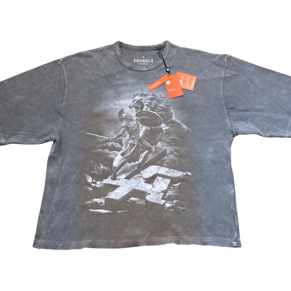 YoungLA Heart of a Warrior Gladiator Lion Graphic Waffle Tee Gray Mens Large